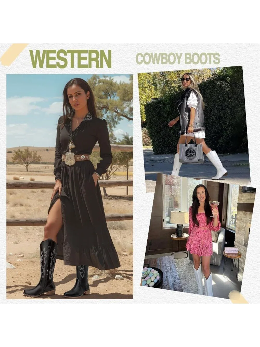 Women's White Knee High Western Tall Round Toe Side Zipper Low Heel Cowgirl Boot